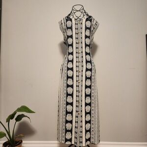 Vintage Blue White Damask Floral Stripe Button Front Maxi Dress